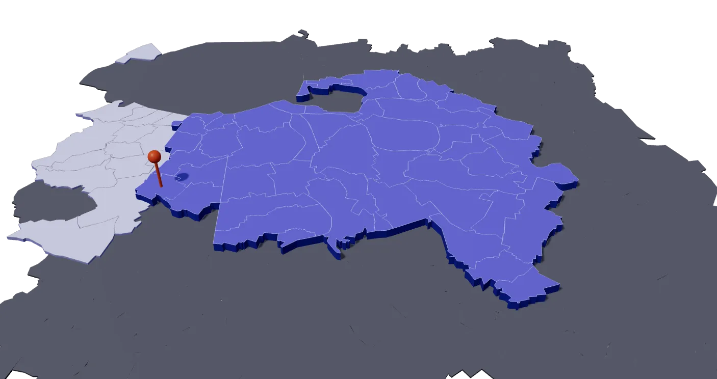 Carte en relief des communes autour de Fresnes, le Val-de-Marne en bleu