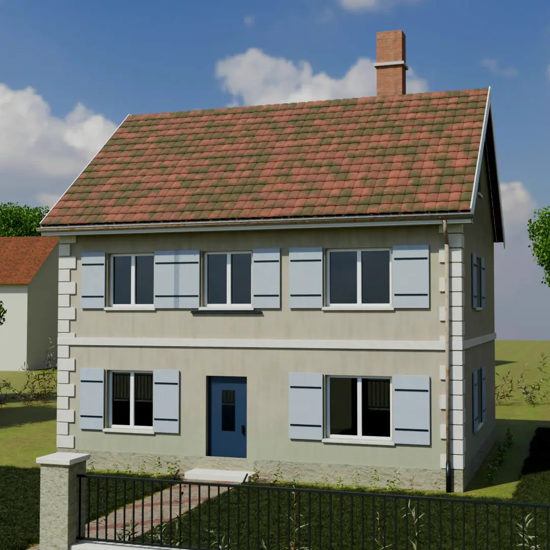Illustration d'une maison individuelle après rénovation de la toiture en tuiles, de la zinguerie et de la façade