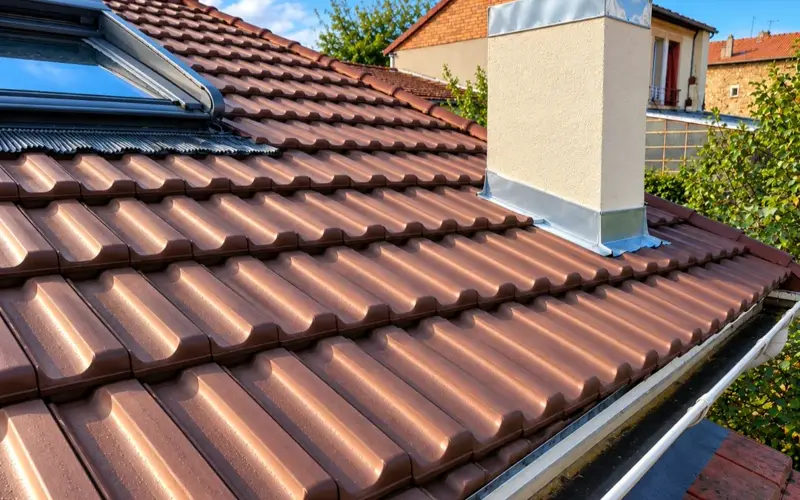 Versant de toiture rénové en tuiles brunes, avec fenêtre de toit et souche de cheminée