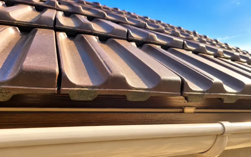 Rangées de tuiles propres en bas de toiture, au-dessus de la gouttière